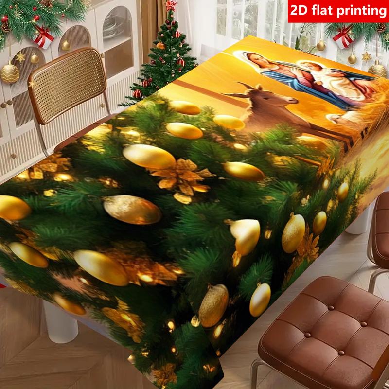 2D Flat Printing, 1pc Golden Christmas Tree with Nativity Scene Tablecloth, Durable, Christmas Decoration, Suitable for Daily Home Use Indoors/outdoor