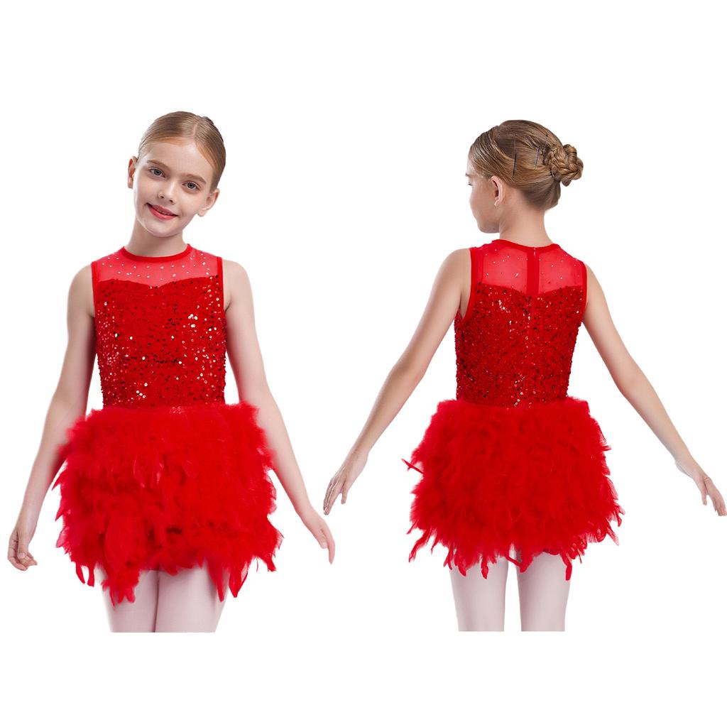 Mädchen Tanzperformancekleid: Rundhalsausschnitt Ärmellos mit Unsichtbarem Reißverschluss am Rücken, Durchsichtiges Netz, Pailletten, Feder Samt & Eingearbeiteter Slip für die Bühne