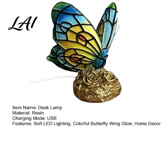 Colored Flakes Butterfly Lamp Cute Bedside Table Lamp Rose Nightstand Lamps Stained