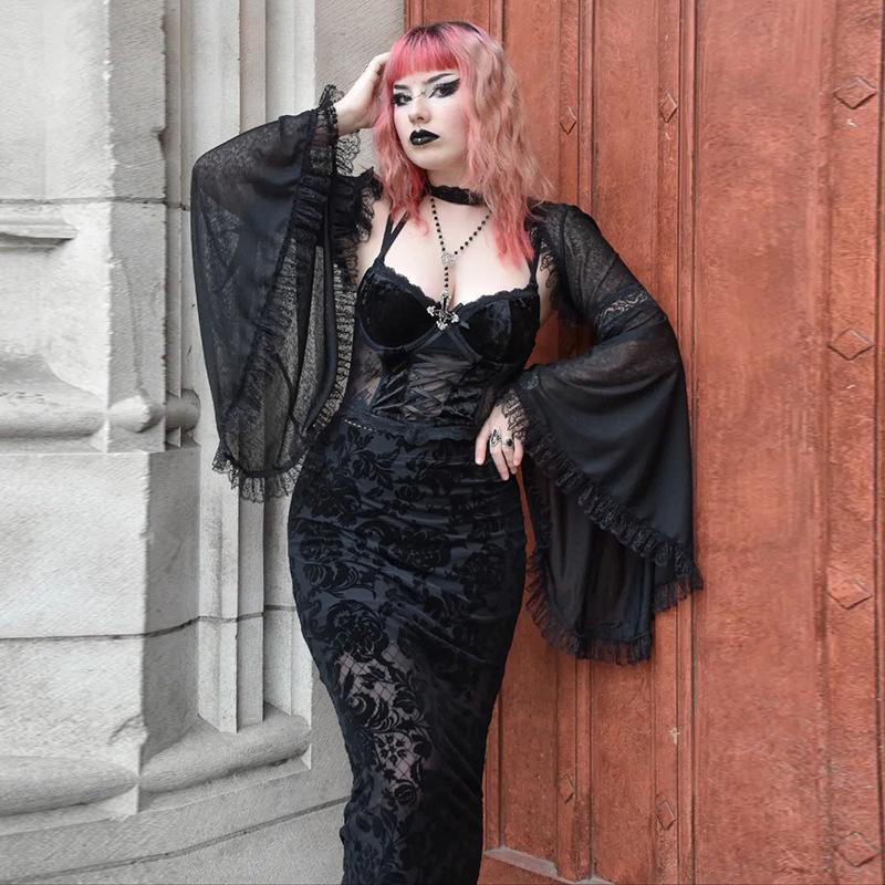 Dark Spring/Summer Lace Bell Sleeve Casual Black Cardigan Top
