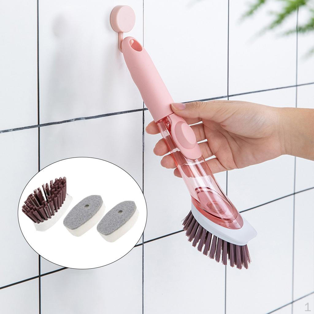chen Essentials Cleaning with Soap Dispenser and Long Handle Brush Pink with 3 Head