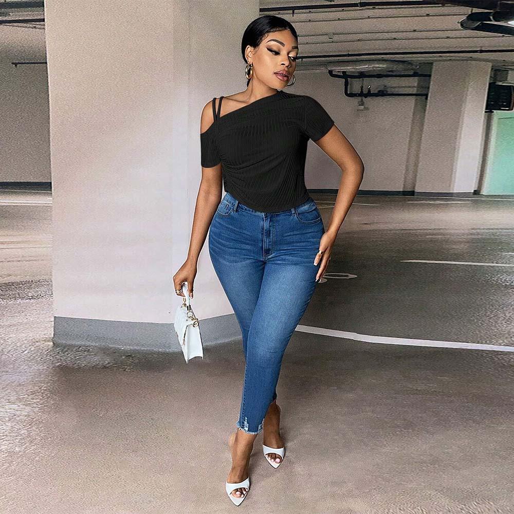 Plus size women's TEMU summer new slim fit, off-shoulder, cross-collar, solid color T-shirt