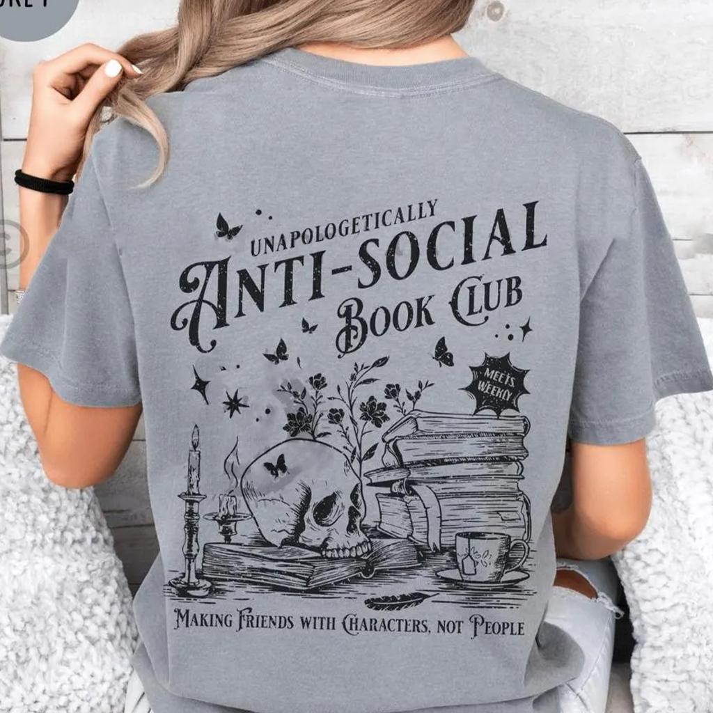 Vintage Antisocial Book Club 2 Sided Comfort TShirt for Introverted RoUnisexce Reader Distressed Tee Trendy Casual Streetwear