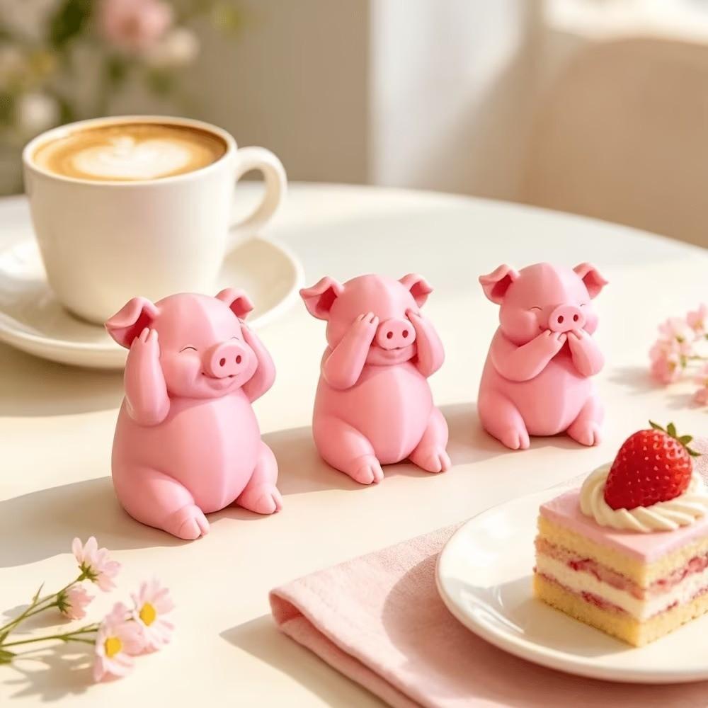 3 Stück 3D-Druck Rosa Schweinefigur Cartoon-Ferkelfigur Lustige Schweinestatue Schlafzimmerdekoration
