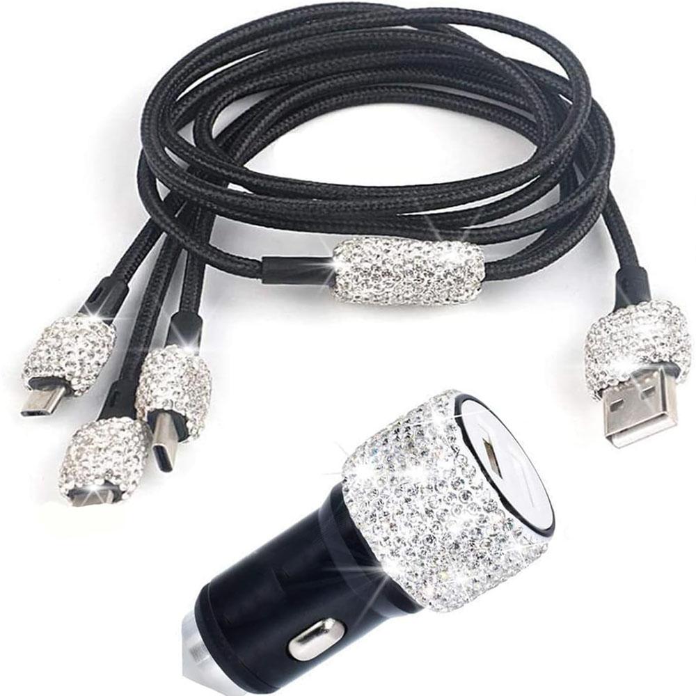 Dual USB Car Charger Bling Bling Handmade Rhinestones Crystal Car Decorations for Fast Charging Car Decors for iPhone/Samsung