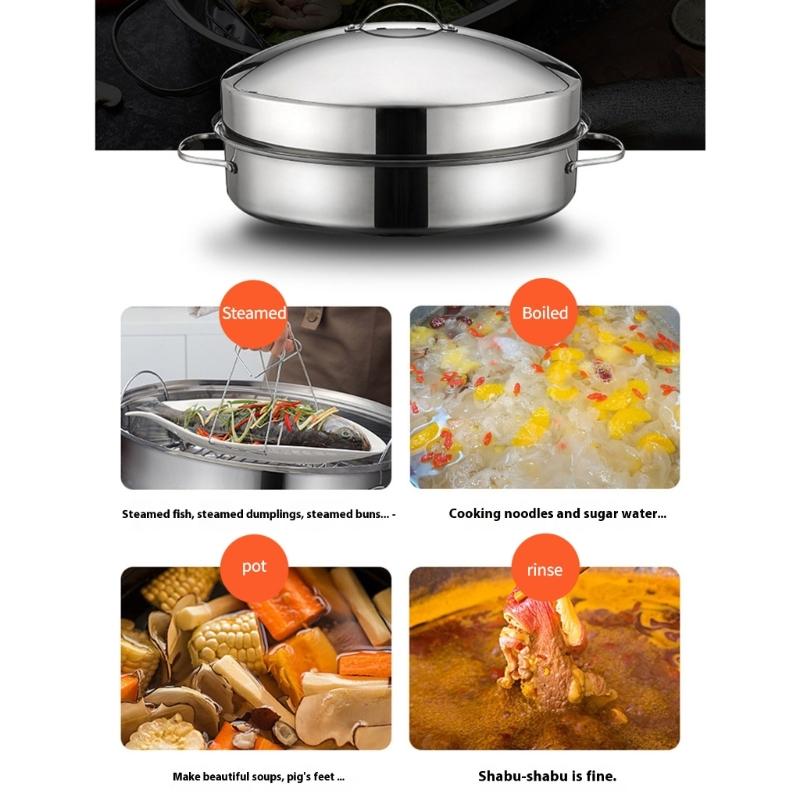 Stainless Steel Steaming Pot with Lid for Fish Vegetables Eggs Multipurpose Double Handle Roasting Pan Kitchen Cookware