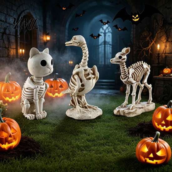 Holiday Atmosphere Props Skeleton Animal Statue, Spooky Deer Cat Duck Figurine, Resin Mysterious Theme Party Ornament for Halloween Table Centerpiece,