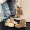 Botas de neve quentes de lã com cabeça redonda de cabelo real para mulheres, novas, com fivela de cinto, antiderrapantes, quentes, de algodão e lã