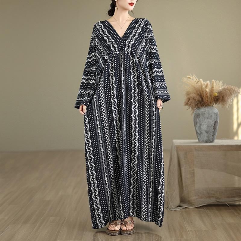Long sleeve plus size cotton vintage Stripe new in dresses for women casual loose Maxi spring autumn dress