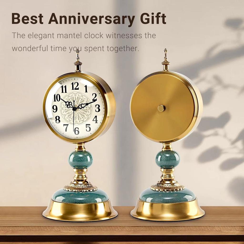 Luxury European Vintage Table Clock Large 38cm Silent Non-Ticking Metal Ceramic Desk Clock for Living Room Mantel Office Decro