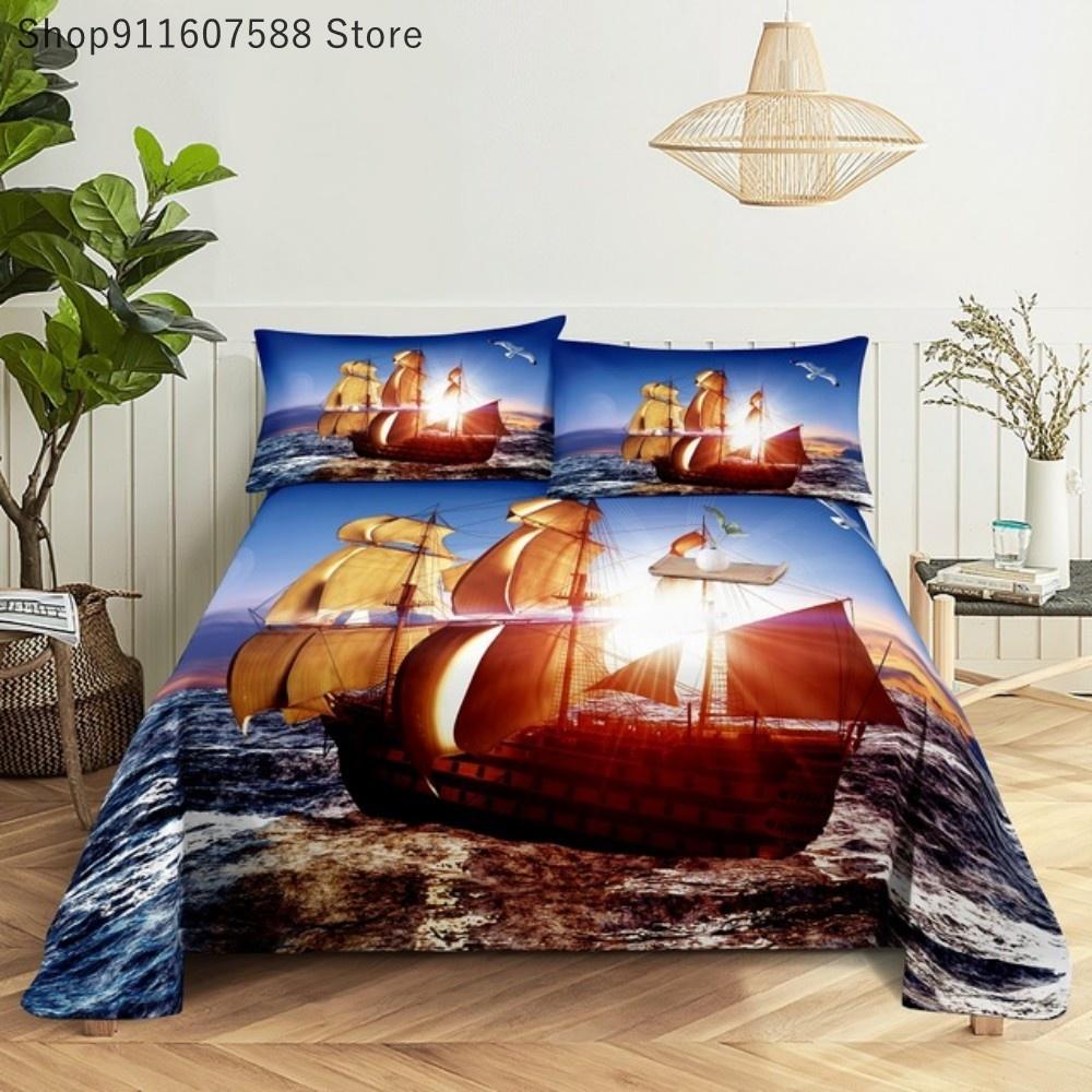 Boat Anchor Blue And White Stripes Bed Sheet Set 3D Printed Navy Bed Flat Sheet With Pillowcase Bed Linen King Queen Size