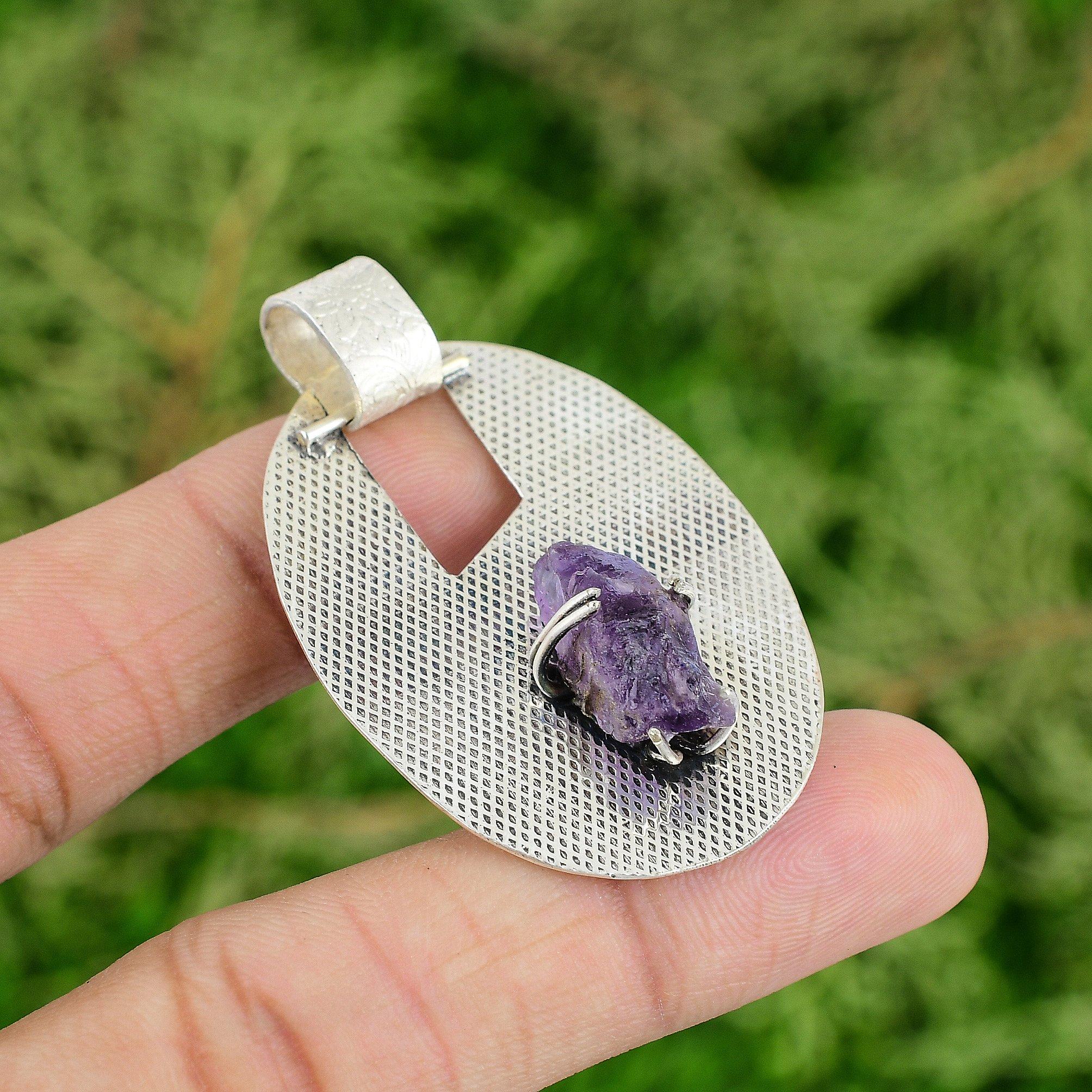 

Daughters Day Sale 925 Silver Octagon African Amethyst Rough Gemstone Pendant