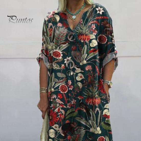 Herbst Sommer Damen Kleid Blumendruck Locker Neunte Ärmel mit Manschettenknöpfen V-Ausschnitt Seitentaschen Täglich Langes Kleid Lässiges Maxikleid