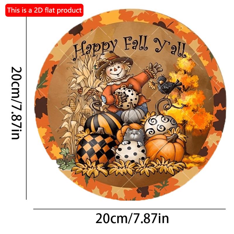 2D Flat 20*20cm, Autumn Home Decoration, Featuring A Wooden Circular Creative Logo Scarecrows and Pumpkins, Suitable for Home, Kitchen, Garden