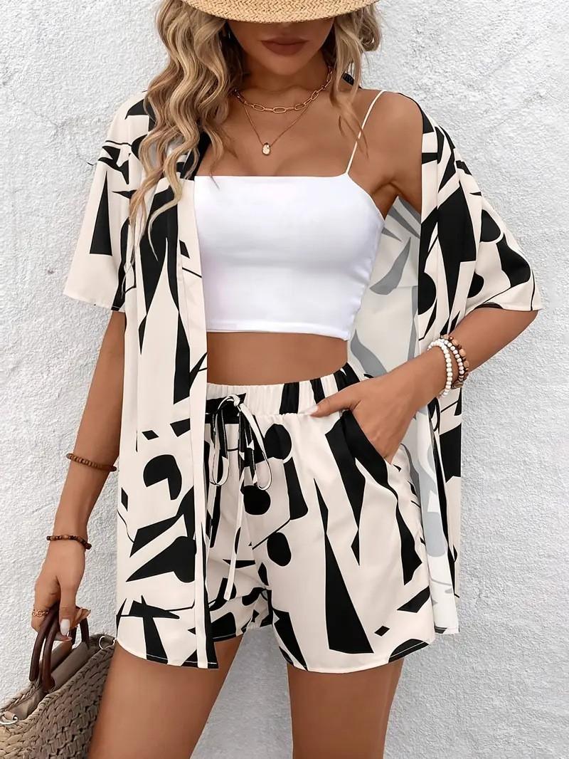 

Summer popular printing elegant two-piece shirt short-sleeved top strap-up high-waisted shorts vacation style XXL
