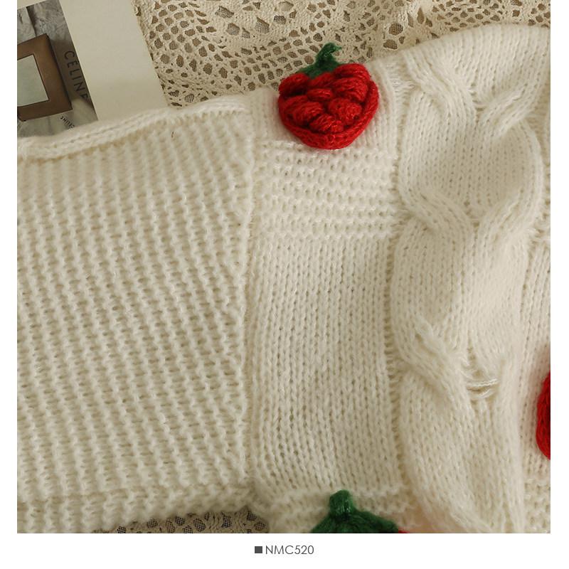 Korean Style Strawberry Embroidered 3D Crochet Cardigan - Women's Chunky Knit Long Sleeve Autumn 2026
