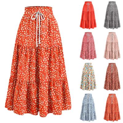 Women's Ruffled Spring Casual Long Skirt Plain Color Skirt Retro Pleated Skirt