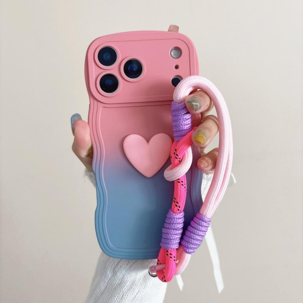 Gradient Color Wave Wrist Strap Case for IPhone 17 Pro Max Air 16 14 15 Plus 12 13 11 X XR XS Lanyard Love Heart Soft TPU Cover