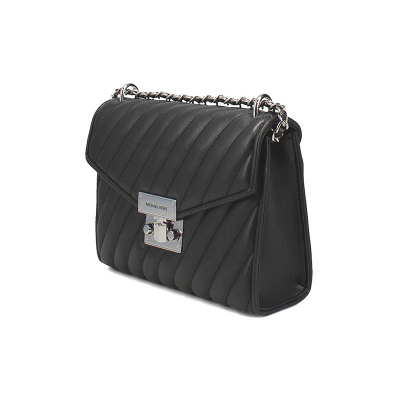 Michael Kors Rose Chain Quilted Silver Buckle Flap Faux Leather Crossbody Bag Medium Women's Black