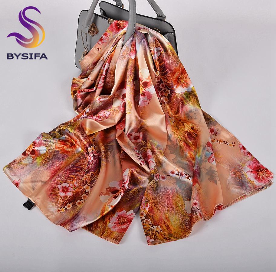 [BYSIFA] Fall New Silk Scarf Hijab Printed Elegant Green Plum Blossom Satin Long Scarves Shawls Winter Women Accessories Wraps