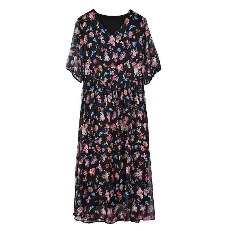 2023 New Women's Clothing Casual Simplicity Printing V-neck Loose Knee Skirts Elegant Fashion Thin Summer Short Sleeve Dresses