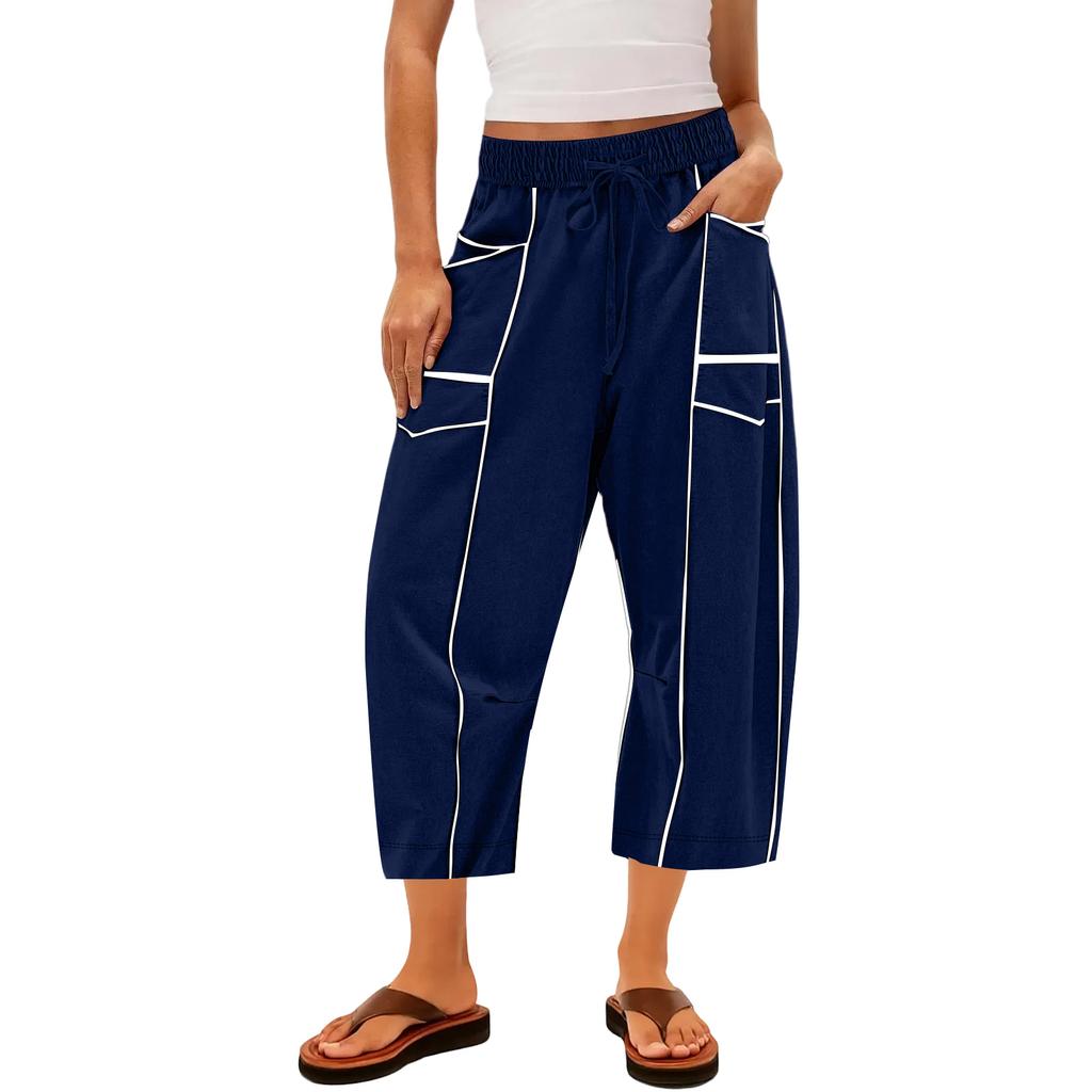 Ladies' Wide Leg Pants, High Waisted Straight Leg Pants, Spliced Pockets, Casual Cropped Pants