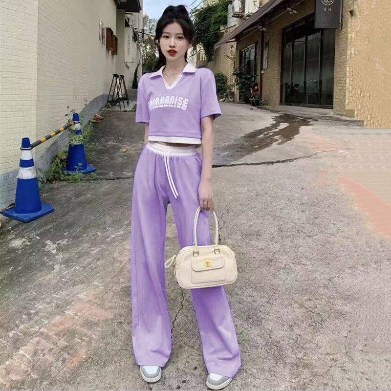 

Женский спортивный повседневный костюм-двойка 2025: Топ с воротником поло и драпирующиеся брюки M фиолетовый