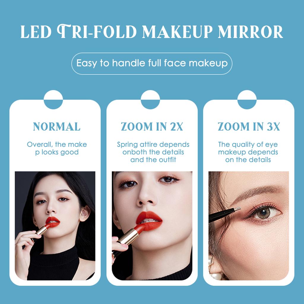 LED Trifold Makeup Mirror +2X +3X Magnification 3 Adjustable Color Temperatures Stepless