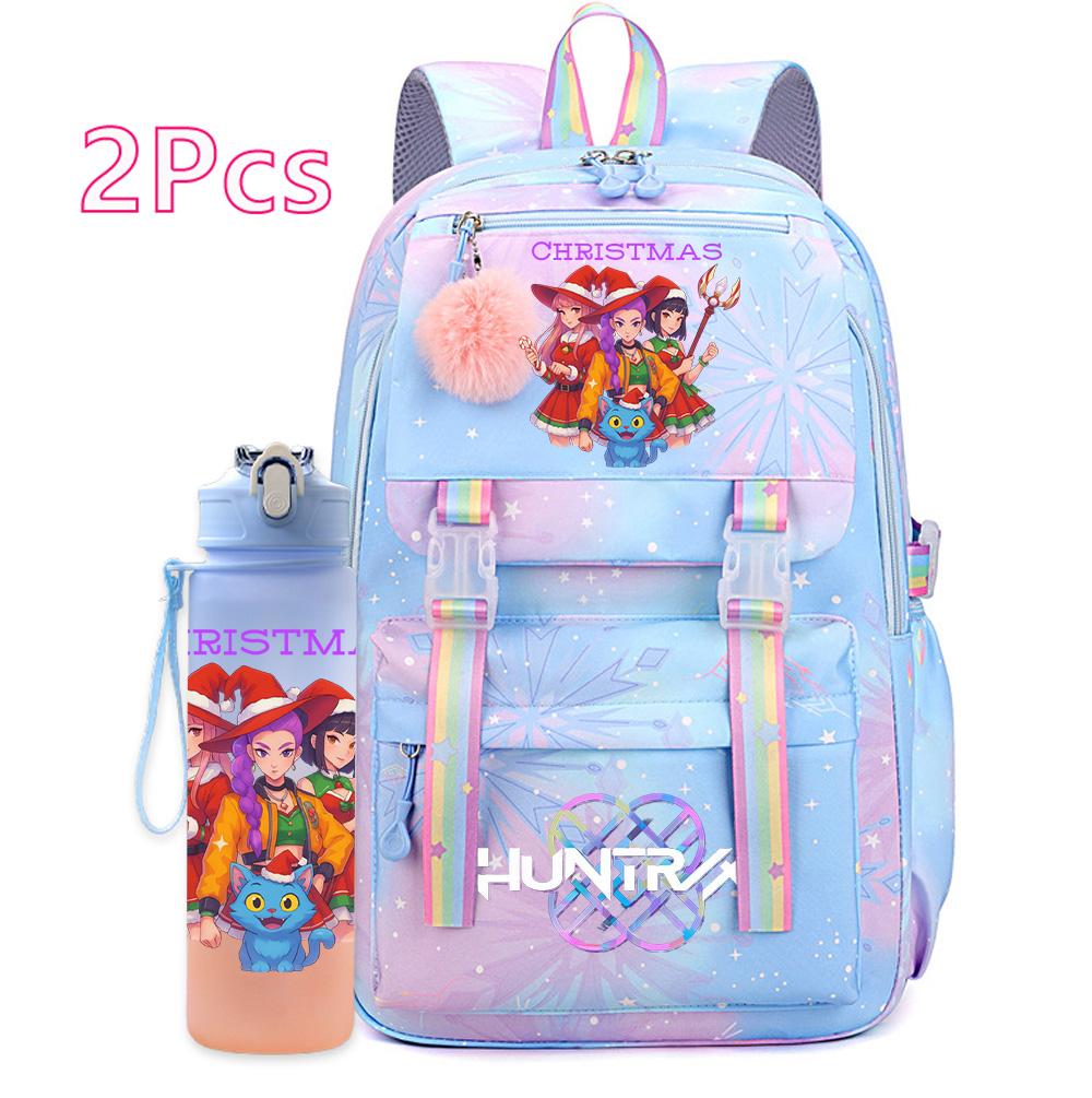 2Pcs/set Christmas K-pop Printed Backpack with 750Ml Water Bottler Large Capacity Travel Bag for Teenager Girl Boy Bookbag Kid Gift Large Capacity Bag