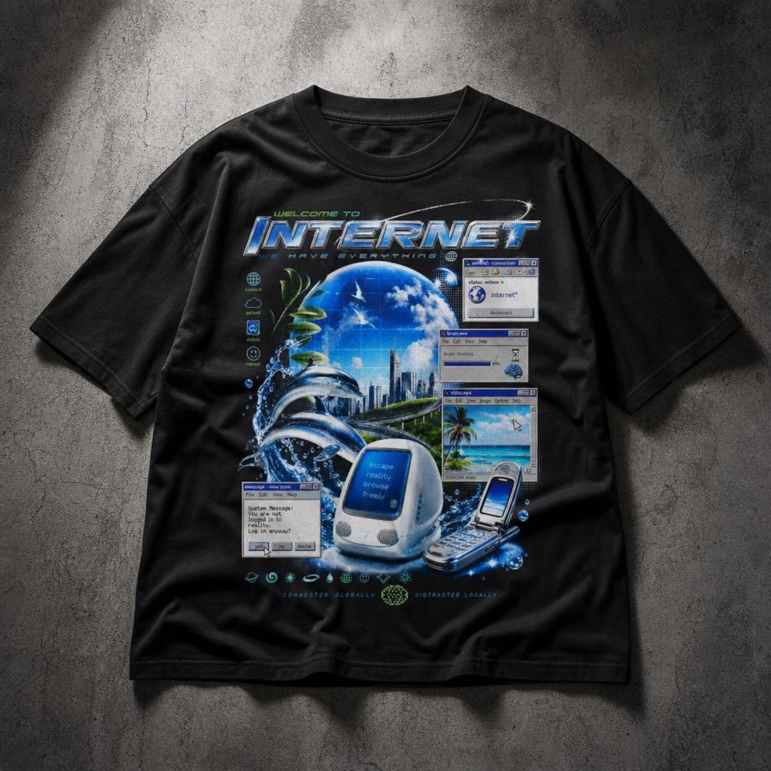 Frutiger Aero Internet Graphic Tee, Y2K Webcore Cybercore Vaporwave Tee, Futuristic Dolphin Shirt S