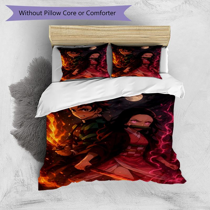 Set cuvertură de pilota 3 buc (1 * Husă de pilota + 2 * Față de pernă, Fără Miez), Set de așternut cu imprimeu Demon Slayer, Decor pentru dormitor, Pentru toate anotimpurile, Cadou de ziua de naștere
