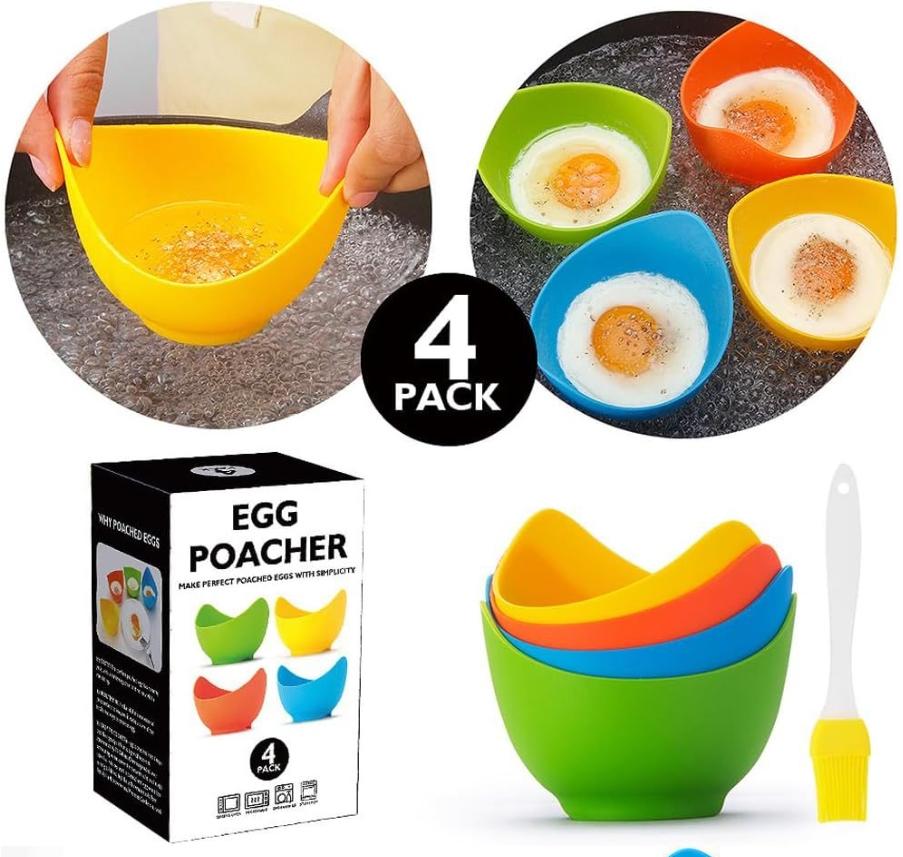 4Pcs/set Silicone Egg Boiler with Oil Brush, Egg Poacher Cups, Non-stick Anti-scalding, for Perfect Poached Eggs, Kitchen Tool