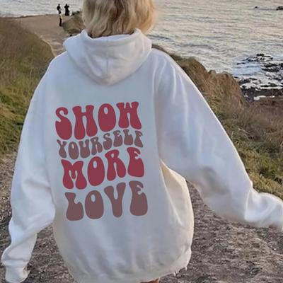 2025 Women's Fleece Sweater Plain Letter Print Kangaroo Pocket Drawstring Print Hoodie