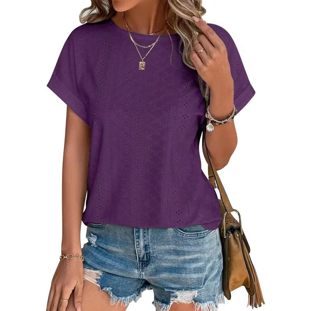 Top Eyelets Summer Spring Curved Hem, Casual Women's Short Sleeved Fashionable T-shirt Beach Vacation Short Style