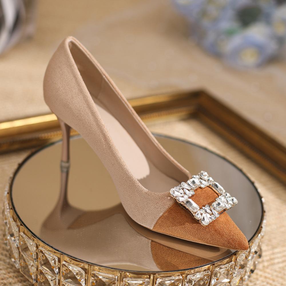 Women's single shoes new fashion and sexy rhinestone square buckle pointed high heels women's stiletto