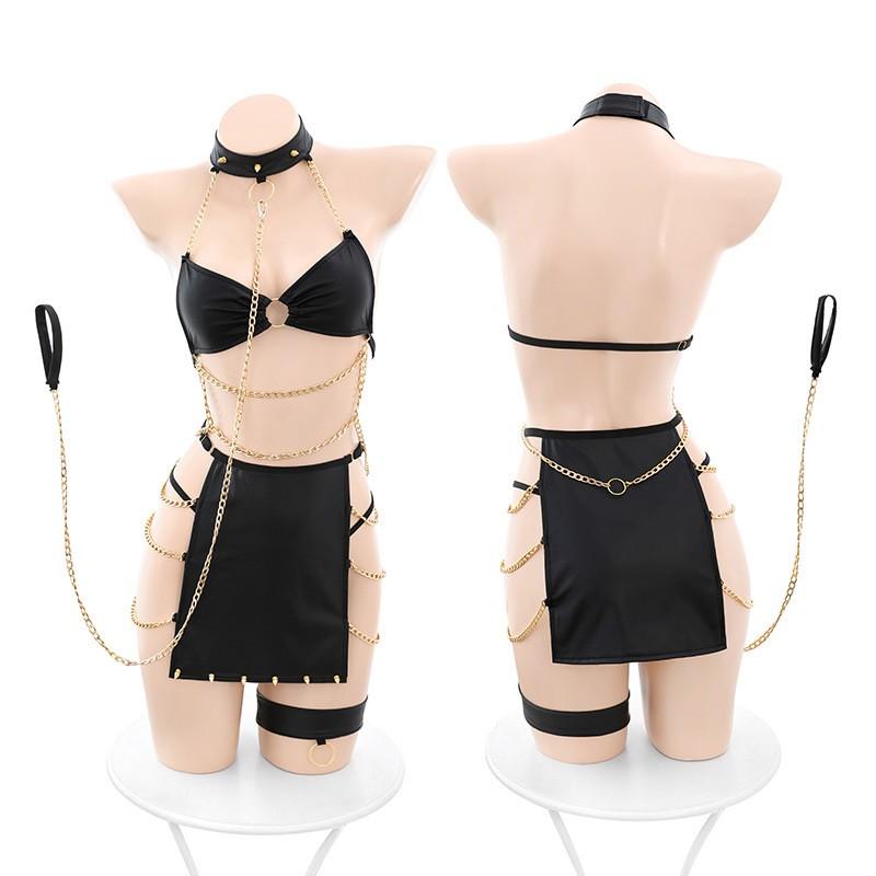PU Leather Sexy Lingerie Set ImitationSplit Backless Gold Chain Bra and Side-leaking Leather Skirt Women Babydoll Demon Cosplay