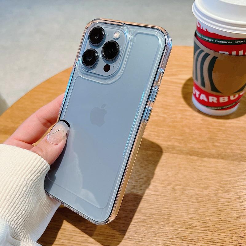 Simplicity Phone Case for iPhone 15 14 13 12 11 Pro Max Plus Acrylic Hard Bumper Transparent Back Cover with Silver Button