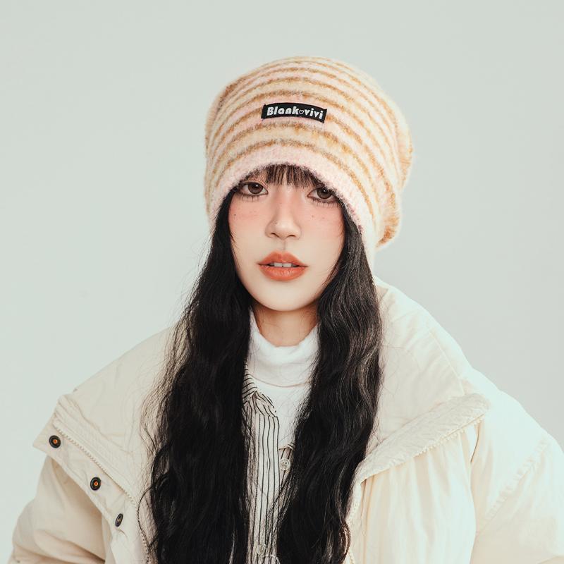 Retro Striped Plush Pile Hat Women's Autumn and Winter Warm Big Head Circumference Loose Cold Hat Showing Face Small Knitted Wool Hat