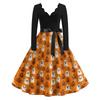 Women's Casual V-Neck Long Sleeve Halloween Print Vintage Dress for Halloween Party