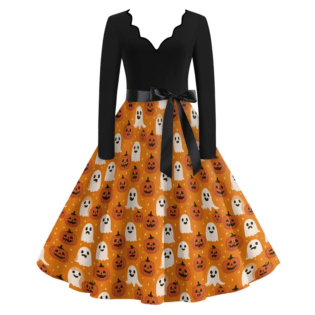 Women's Casual V-Neck Long Sleeve Halloween Print Vintage Dress for Halloween Party