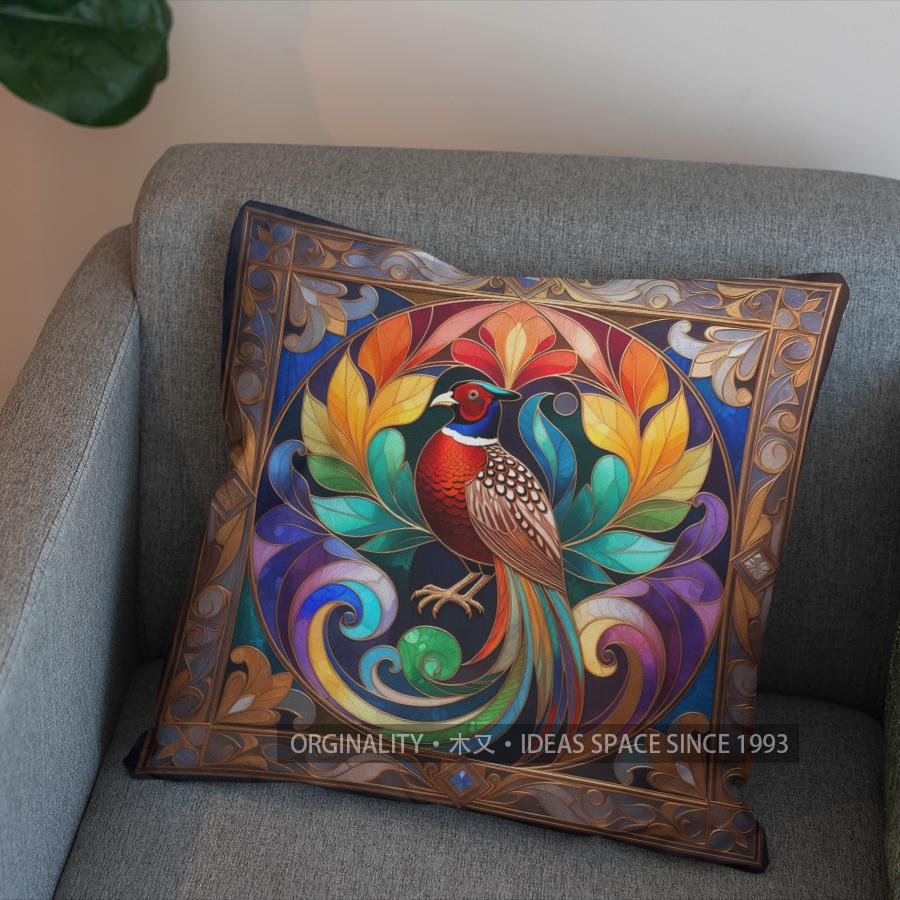 2D Colorful Stained Glass Pheasant-Patterned Pillowcase Pattern Cushion Cover Suitable For Sofa Bedroom Car Pillow Cover
