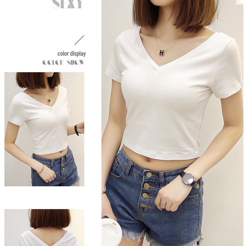 Korean Style Front & Back V-Neck Women's Short-Sleeve Bodycon T-shirt - Black & White, 2024 Summer Collection.