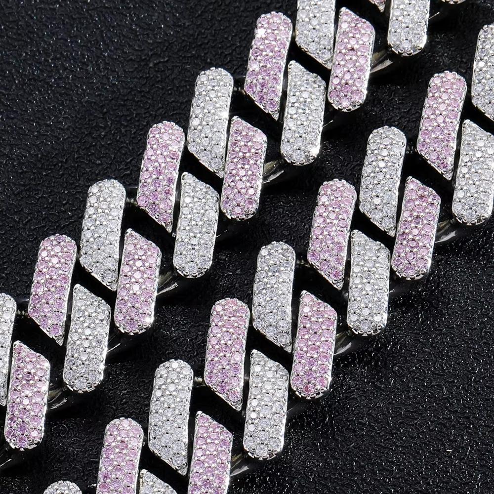 Personalized Hip Hop Jewelry 20mm Bling Iced Out Two Tone Silver and Pink CZ Prong Miami Cuban Link Chain Bracelet