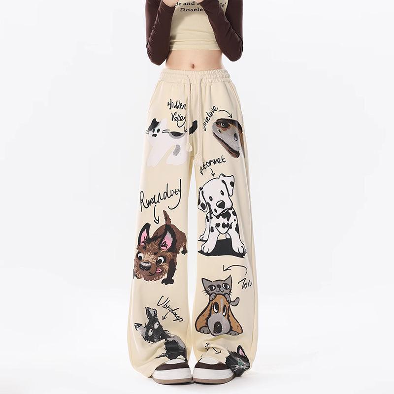 Casual Chic Design Pattern Baggy Straight Pants Women High Waist Lace Up Pantalones Korean Fashion Spring Fall Loose Spodnie