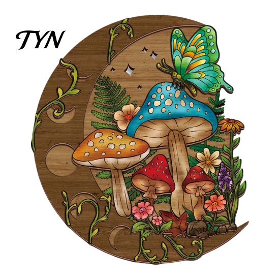 Rustic Bedroom Decor Boho Moon Mushroom Wall Hanging Decor, Vintage Forest Multi-Layer Wooden Plaque, Floral Nature Inspired Art Butterfly Themed