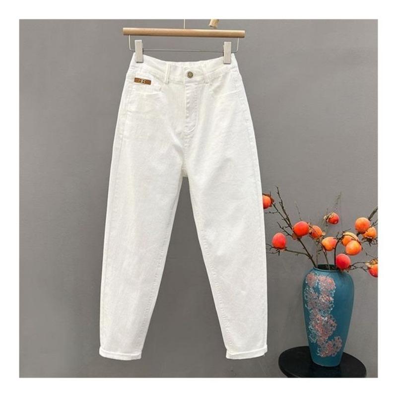 

Women Beige Elastic Waist Harem Jeans High Waist Cropped Denim Pants S