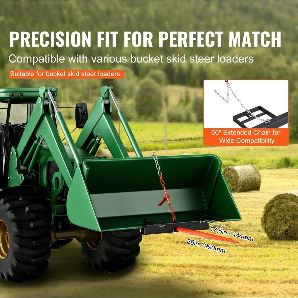 39" Hay Spear, Bale Spears 1600lbs Loading Capacity, Skid Steer Loader Tractor Bucket Attachment with 2pcs 17.5" Stabilizer Spears and 60" Chain,