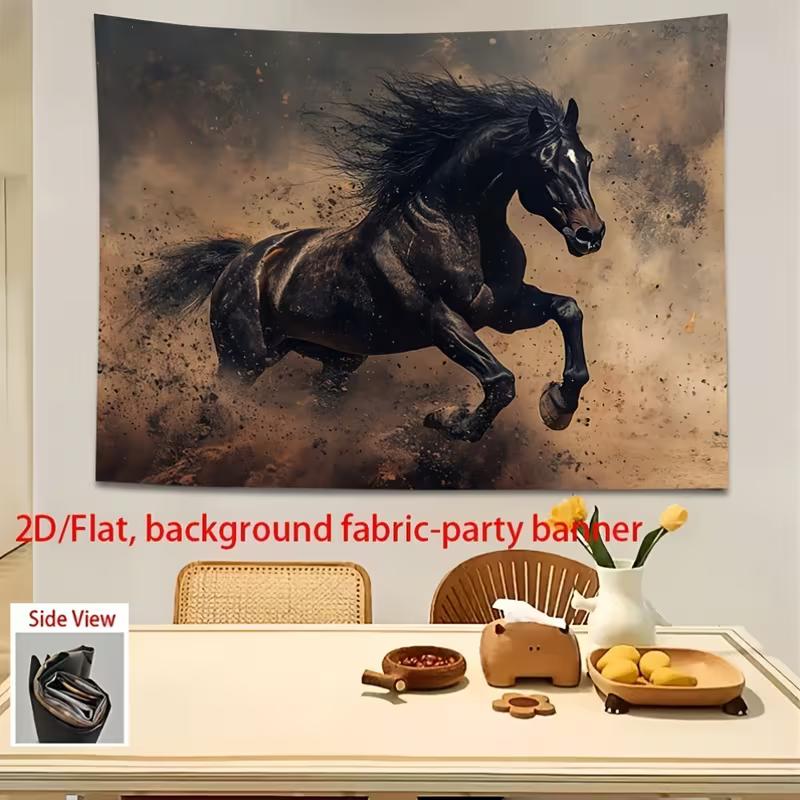 2D Dynamic Black Running Horse Art Style Photography Backdrop