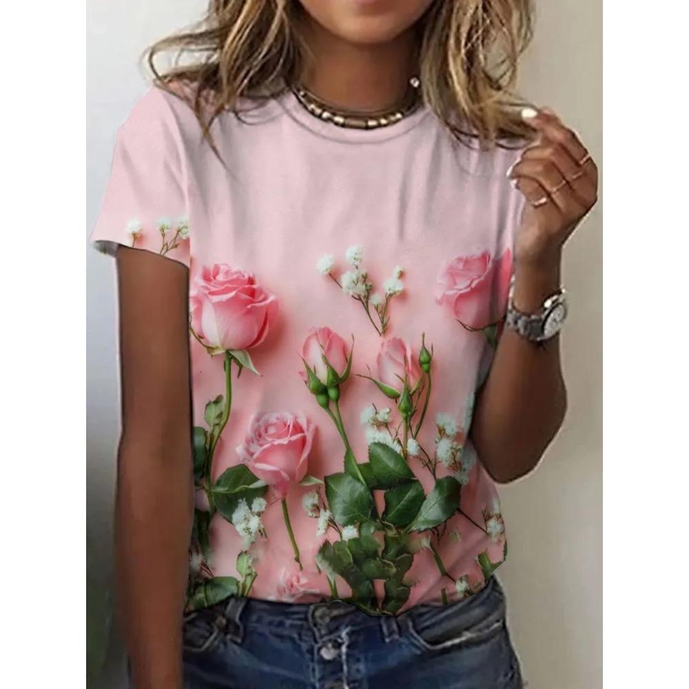 Ladies Summer Colorful Dazzling Flowers Printed Large Loose Casual T-shirt Fashionable Comfortable Soft Breathable Short Sleeved T-shirt