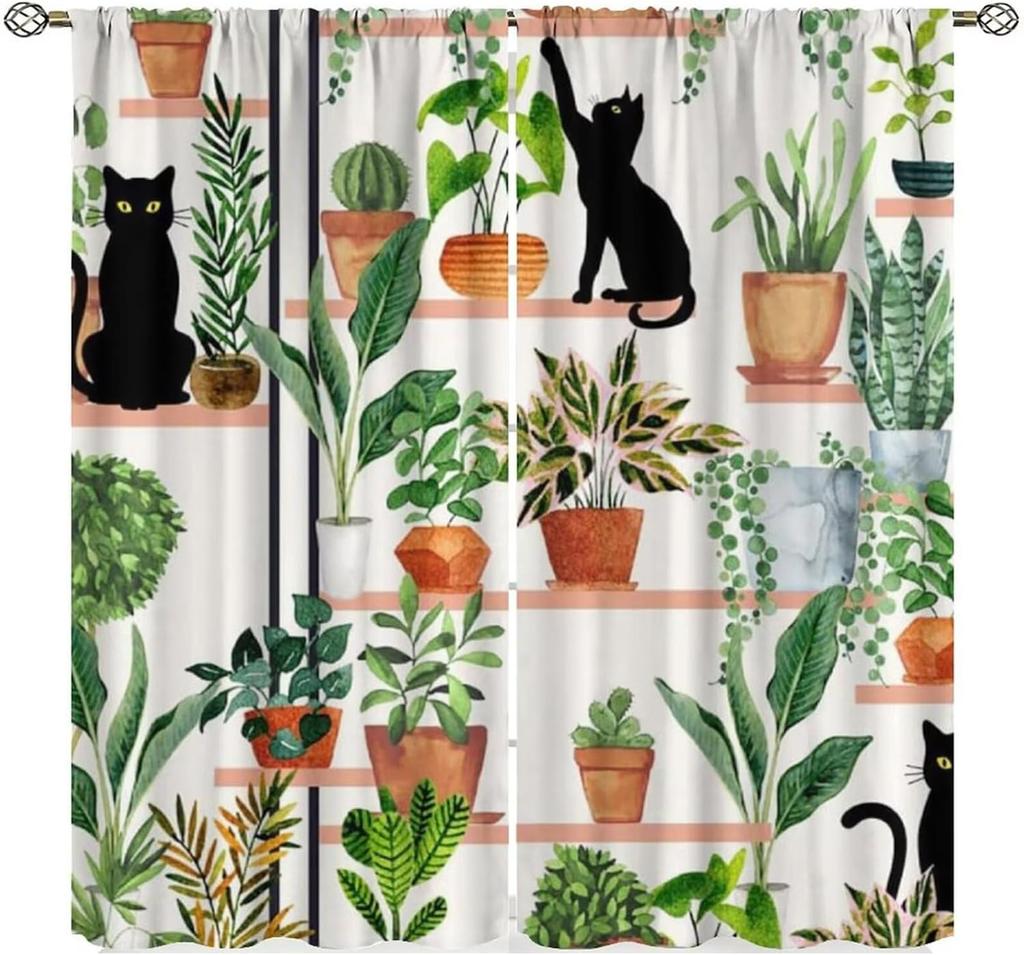 Plants Curtains, Boho Potted Green Leaves Botanical Aesthetic Garden Cartoon Animal Window Drapes for Living Room Kitchen